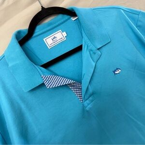 Southern Tide Men's Large Shirt Blue Short Sleeve Polo Checkered Trim